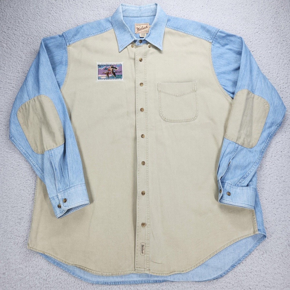 Woolrich Shirt Mens 2XL Beige Blue Denim Colorblock Mallards Duck Stamp Hunting